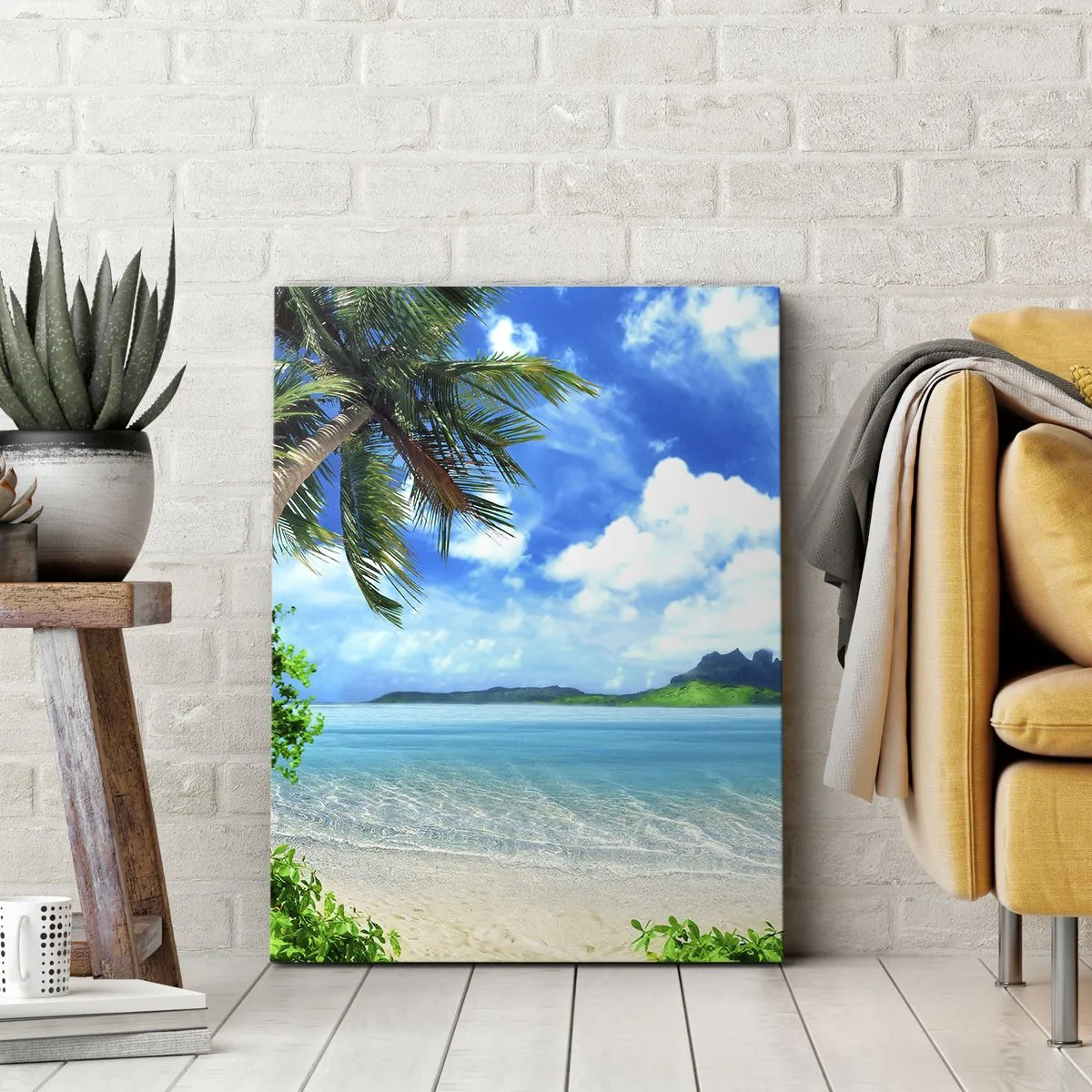 Bild auf Leinwand - Leinwandbild - Tropischer Strand mit Palmen und Blick auf die Insel - 70x100cm - Das Azurblau der Tropen - Moderne Wanddekoration für Wohnzimmer und Schlafzimmer ARTTOR