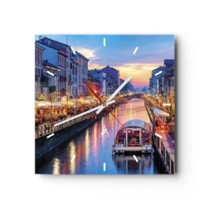 Wanduhr - Glasuhr - Ein Kanal mit Beleuchtung, umgeben von farbenfrohen Gebäuden - 30x30cm - Ein Abend voller Licht und Spaß - Moderne Wanddekoration für Wohnzimmer und Schlafzimmer ARTTOR