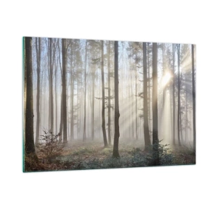 Glasbild - Bild auf glas - Morgensonnenstrahlen durchdringen den nebligen Wald - 120x80cm - Der Nebel ist auch aufgewacht - Moderne Wanddekoration für Wohnzimmer und Schlafzimmer ARTTOR