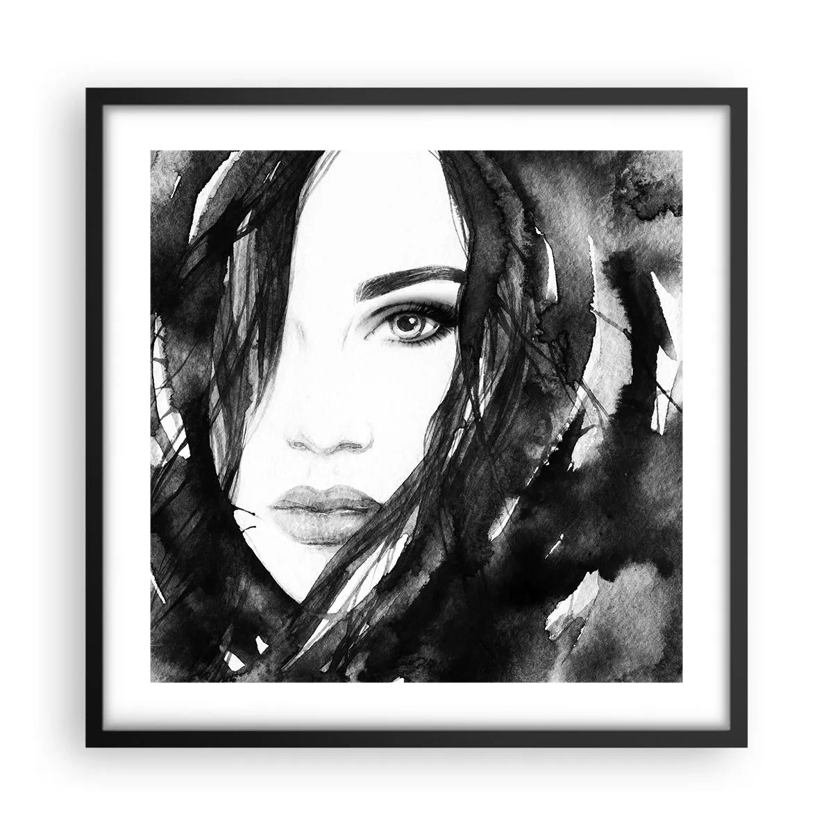 Poster in einem schwarzem Rahmen - Porträt einer Dame in Schwarzweiß - 50x50 cm