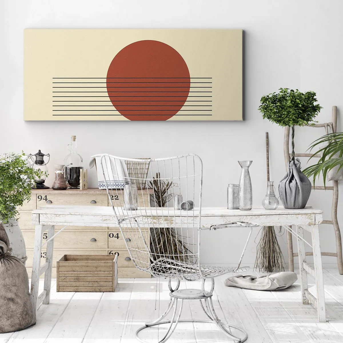 Bild auf Leinwand - Leinwandbild - Abstrakter roter Kreis mit Linien auf beigem Hintergrund. - 120x50cm - Immer wieder und weiter - Moderne Wanddekoration für Wohnzimmer und Schlafzimmer ARTTOR