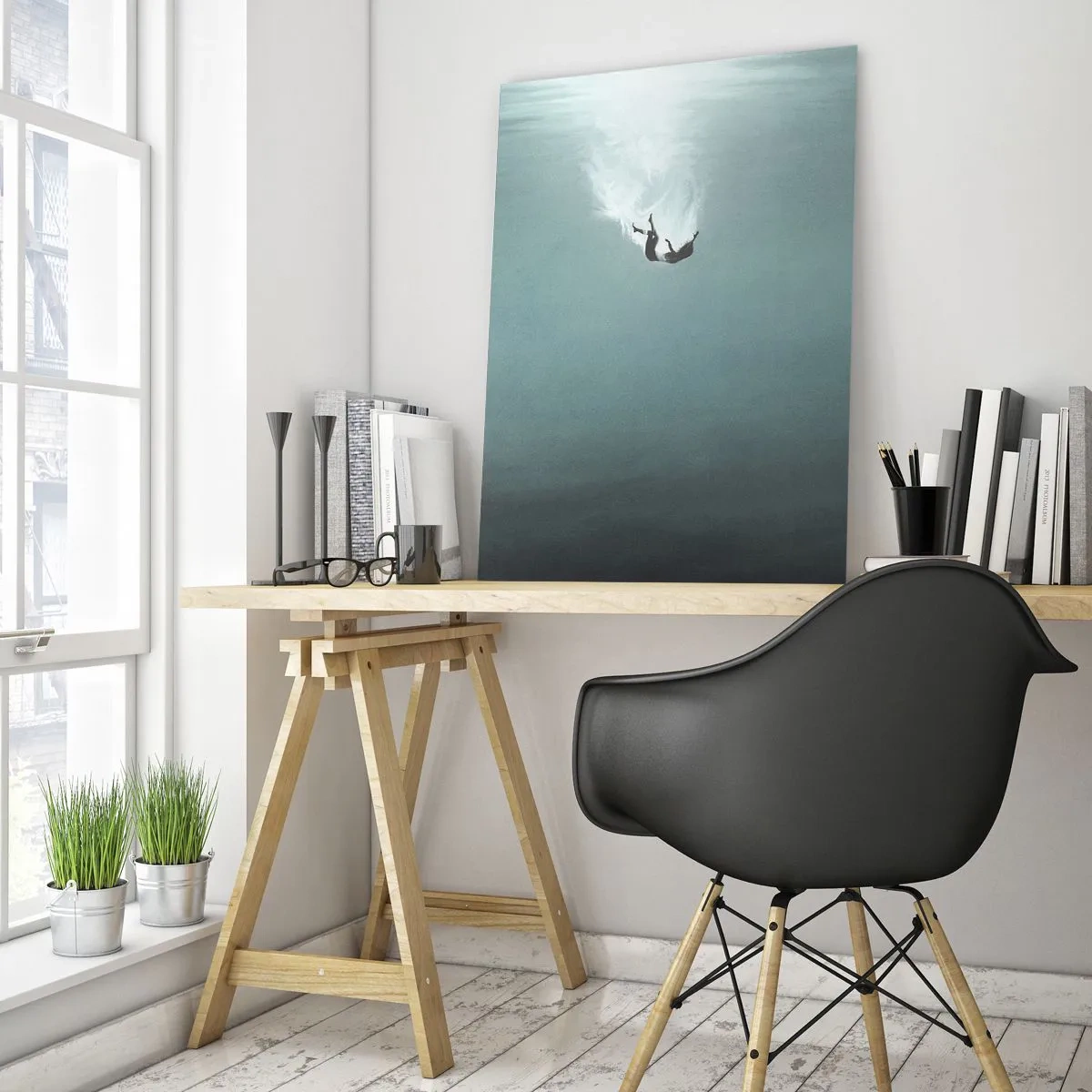 Glasbild - Bild auf glas - Die Silhouette eines Mannes, eingetaucht in die blauen Tiefen des Ozeans - 50x70cm - In den Armen des Ozeans - Moderne Wanddekoration für Wohnzimmer und Schlafzimmer ARTTOR