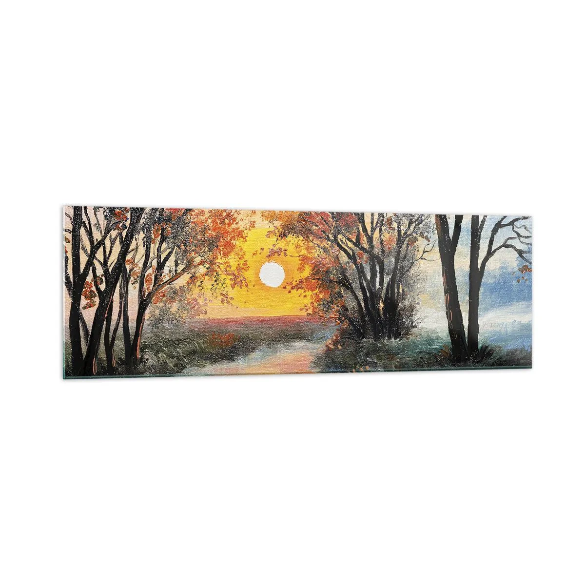 Glasbild - Bild auf glas - Sonnenuntergang über dem Fluss in einer Herbstlandschaft - 160x50cm - Herbststimmung - Moderne Wanddekoration für Wohnzimmer und Schlafzimmer ARTTOR