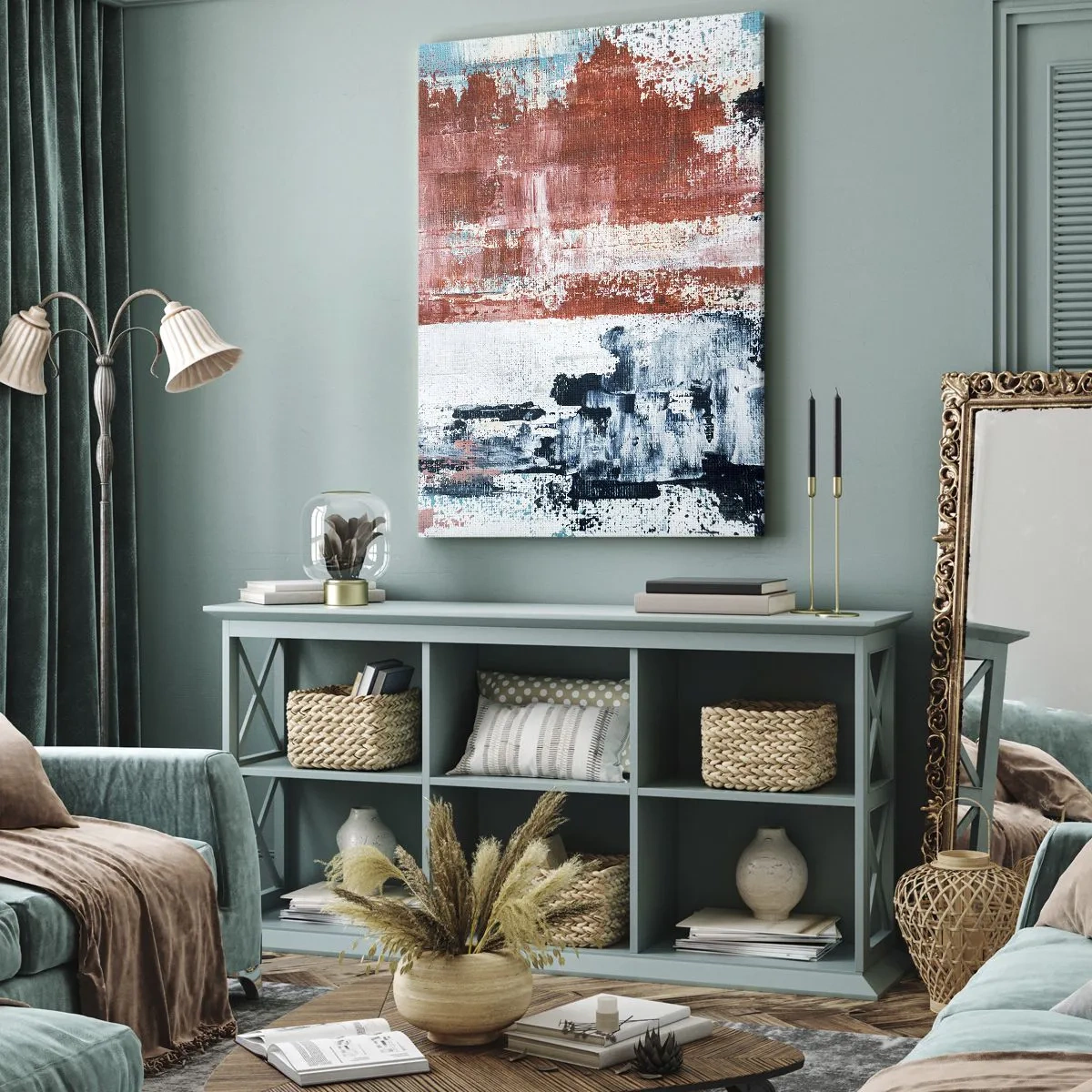 Bild auf Leinwand - Leinwandbild - Abstraktion in Weiß-, Blau- und Ziegelfarben - 80x120cm - Fünfzig-Fünfzig abstrakt - Moderne Wanddekoration für Wohnzimmer und Schlafzimmer ARTTOR