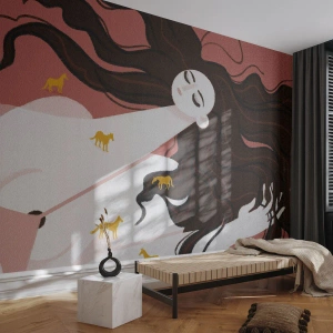 Selbstklebende Fototapete Deluxe Sticker - Traum von einem goldenen Pferd - Frau, Porträt, Minimalismus - 400x280 cm