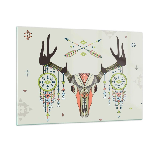 Glasbild - Bild auf glas - Symbolische Hörner und indianische Muster auf hellem Hintergrund - 120x80cm - Indische Jägertrophäe - Moderne Wanddekoration für Wohnzimmer und Schlafzimmer ARTTOR
