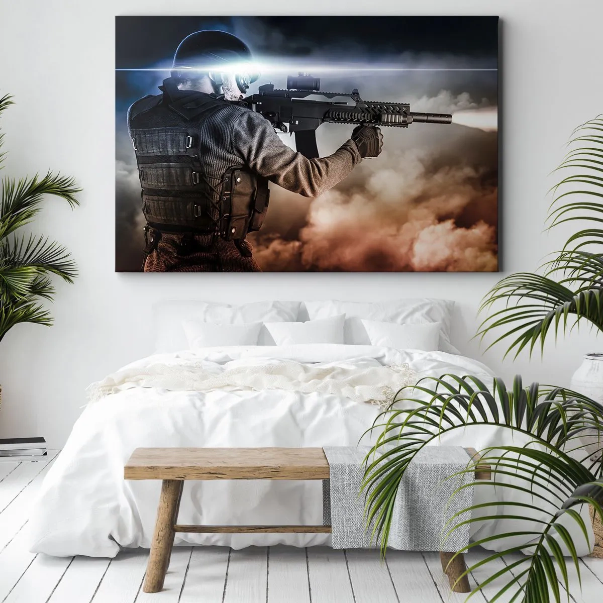 Bild auf Leinwand - Leinwandbild - Ein Soldat im Einsatz mit einem Gewehr vor einem Hintergrund aus Wolken und Licht. - 70x50cm - Nur ein Held - Moderne Wanddekoration für Wohnzimmer und Schlafzimmer ARTTOR