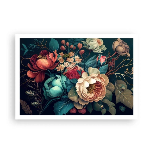 Poster - Eine farbenfrohe Blumenkomposition auf dunklem Hintergrund - 100x70cm - Charme des 19. Jahrhunderts - Moderne Wanddekoration für Wohnzimmer und Schlafzimmer ARTTOR