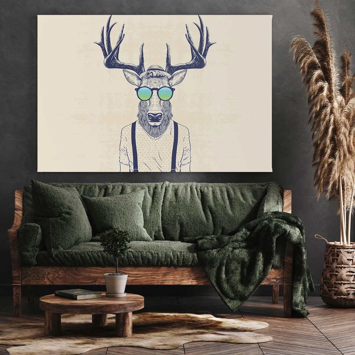 Bild auf Leinwand - Leinwandbild - Stilisierter Hirsch mit Sonnenbrille - 70x50cm - Wen hast du erwartet? - Moderne Wanddekoration für Wohnzimmer und Schlafzimmer ARTTOR