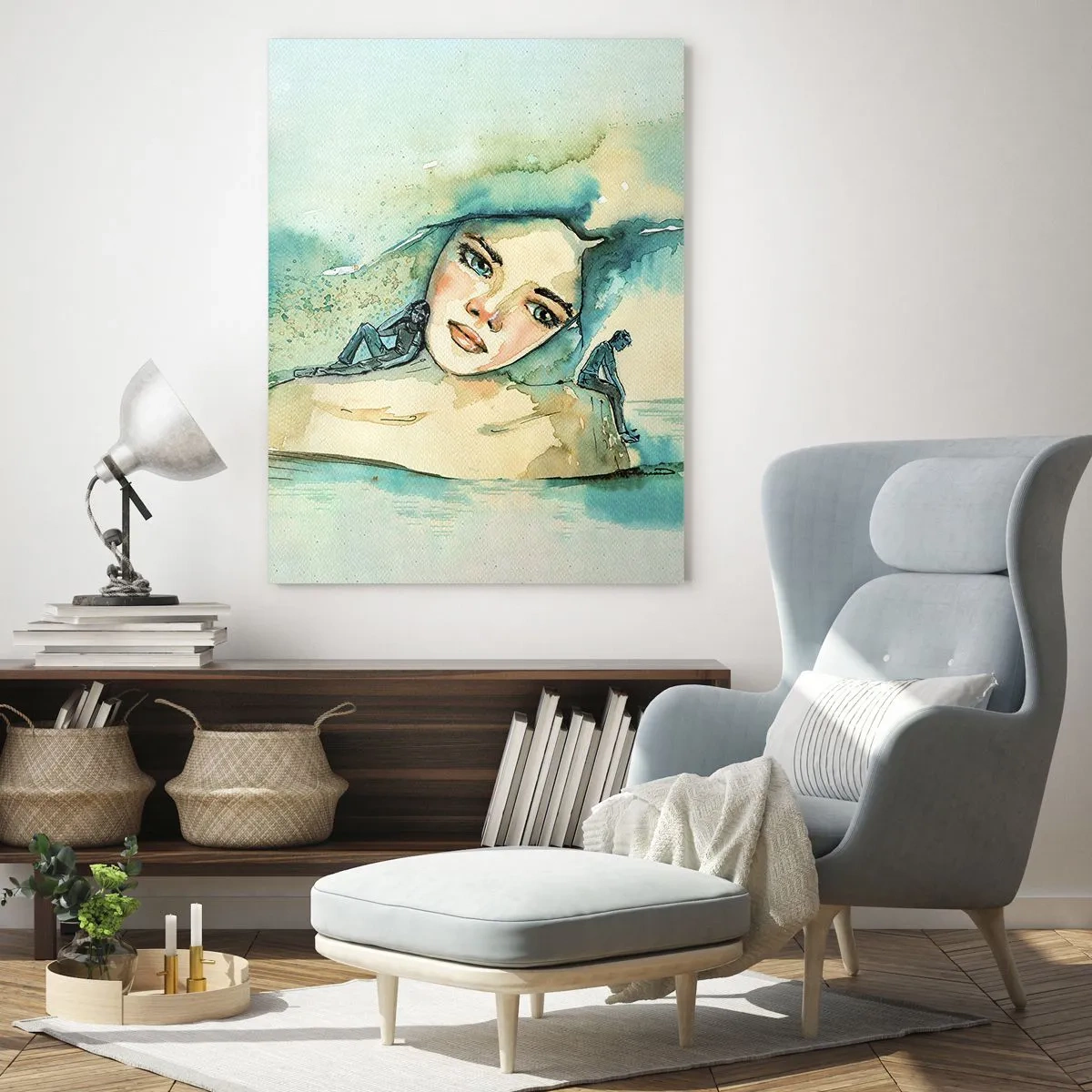 Glasbild - Bild auf glas - Porträt einer Frau im Aquarellstil mit Silhouetten von Figuren - 50x70cm - Bin ich blau? - Moderne Wanddekoration für Wohnzimmer und Schlafzimmer ARTTOR