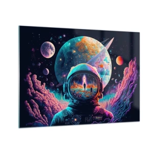 Glasbild - Bild auf glas - Eine Weltraumlandschaft mit einem Astronauten und einem surrealen Planeten. - 70x50cm - Philosophen haben nicht davon geträumt - Moderne Wanddekoration für Wohnzimmer und Schlafzimmer ARTTOR