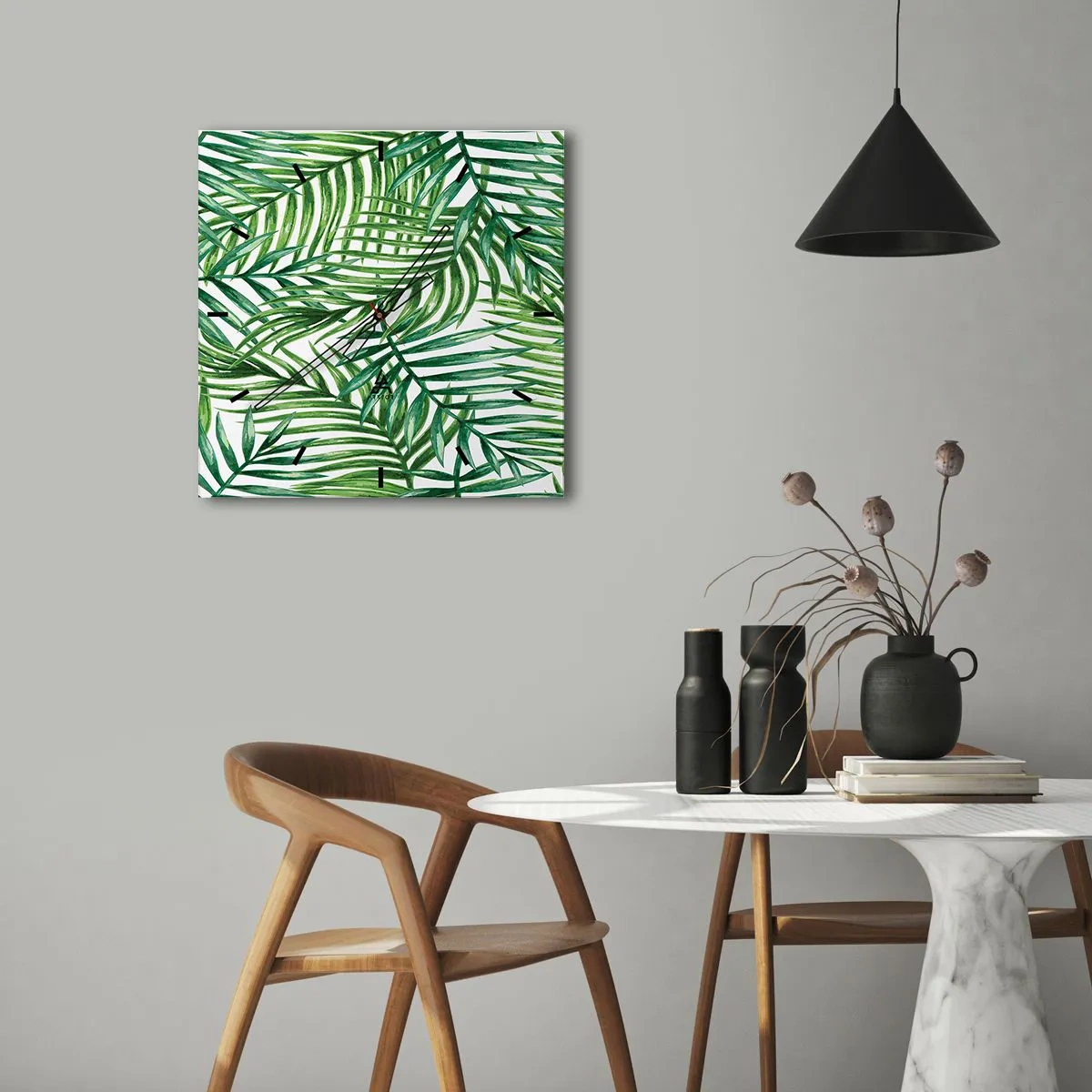 Wanduhr - Glasuhr - Grüne tropische Palmblätter auf hellem Hintergrund - 30x30cm - Unter dem grünen Baldachin - Moderne Wanddekoration für Wohnzimmer und Schlafzimmer ARTTOR