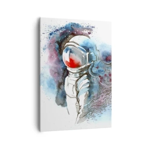 Bild auf Leinwand - Leinwandbild - Ein Kosmonaut in einem dynamischen Aquarell mit kosmischen Details - 50x70cm - Allein mit Platz - Moderne Wanddekoration für Wohnzimmer und Schlafzimmer ARTTOR
