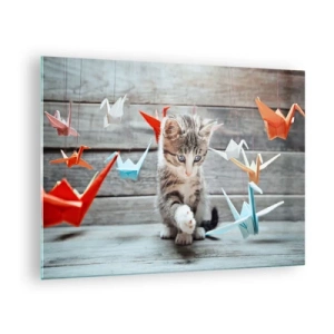 Glasbild - Bild auf glas - Eine Katze spielt mit bunten Origami-Kranichen - 70x50cm - Erste Stunde - Moderne Wanddekoration für Wohnzimmer und Schlafzimmer ARTTOR