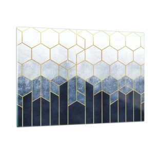Glasbild - Bild auf glas - Geometrisches Muster in Gold- und Marineblautönen - 120x80cm - Komposition im synkopischen Rhythmus - Moderne Wanddekoration für Wohnzimmer und Schlafzimmer ARTTOR