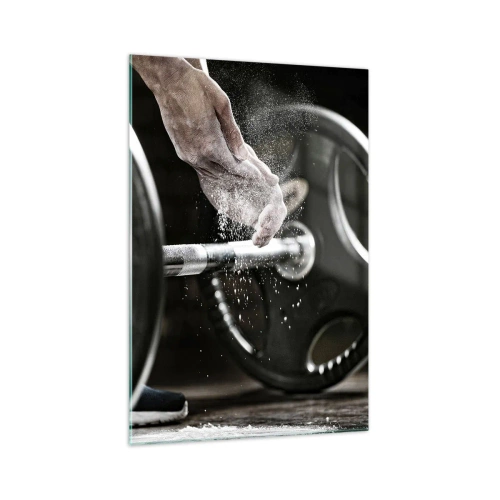 Glasbild - Bild auf glas - Hanteln und die Hände eines Sportlers bereiten sich auf das Training vor - 70x100cm - Herausforderung angenommen! - Moderne Wanddekoration für Wohnzimmer und Schlafzimmer ARTTOR