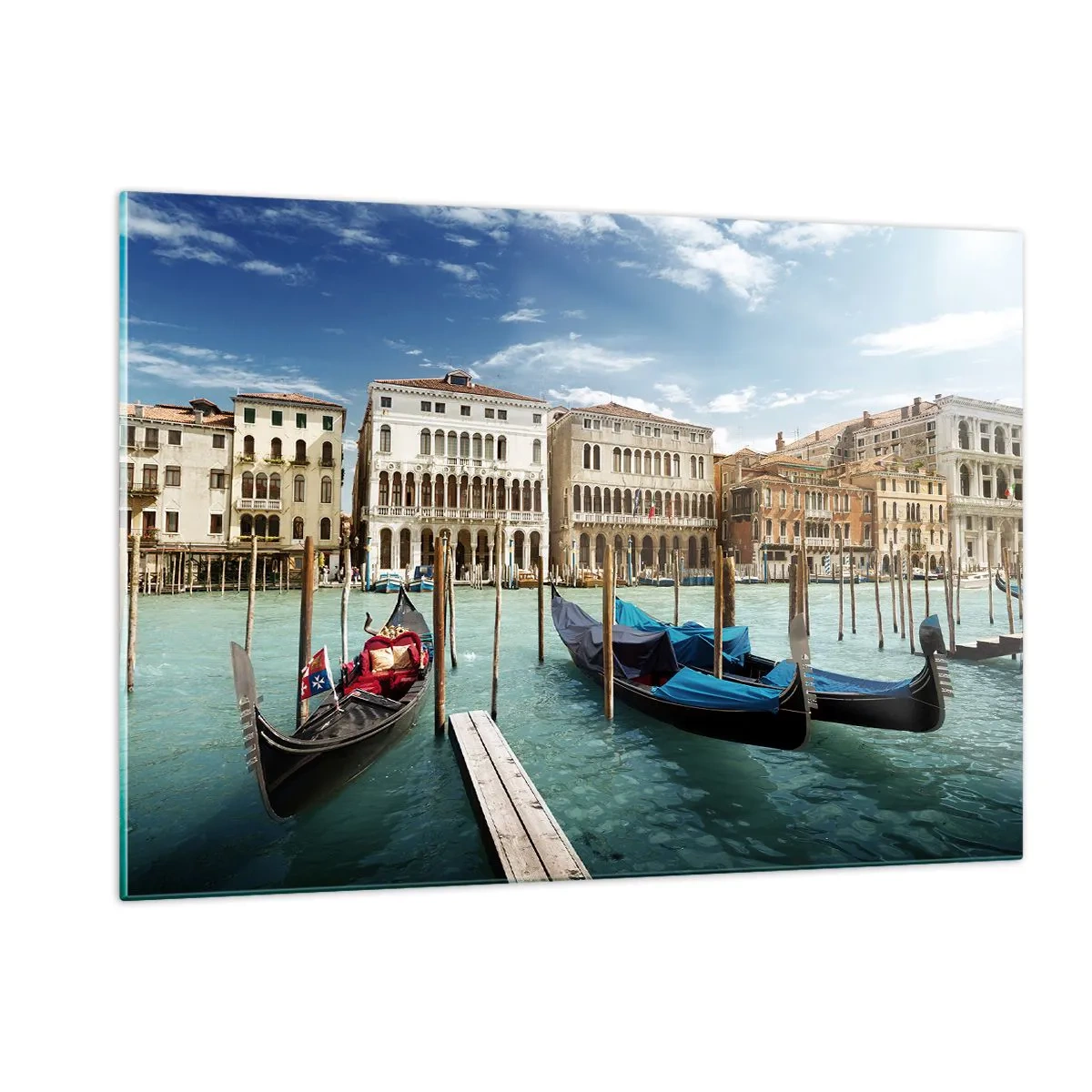 Glasbild - Bild auf glas - Gondeln auf einem Kanal in Venedig an einem sonnigen Tag - 120x80cm - Paläste in Blau - Moderne Wanddekoration für Wohnzimmer und Schlafzimmer ARTTOR