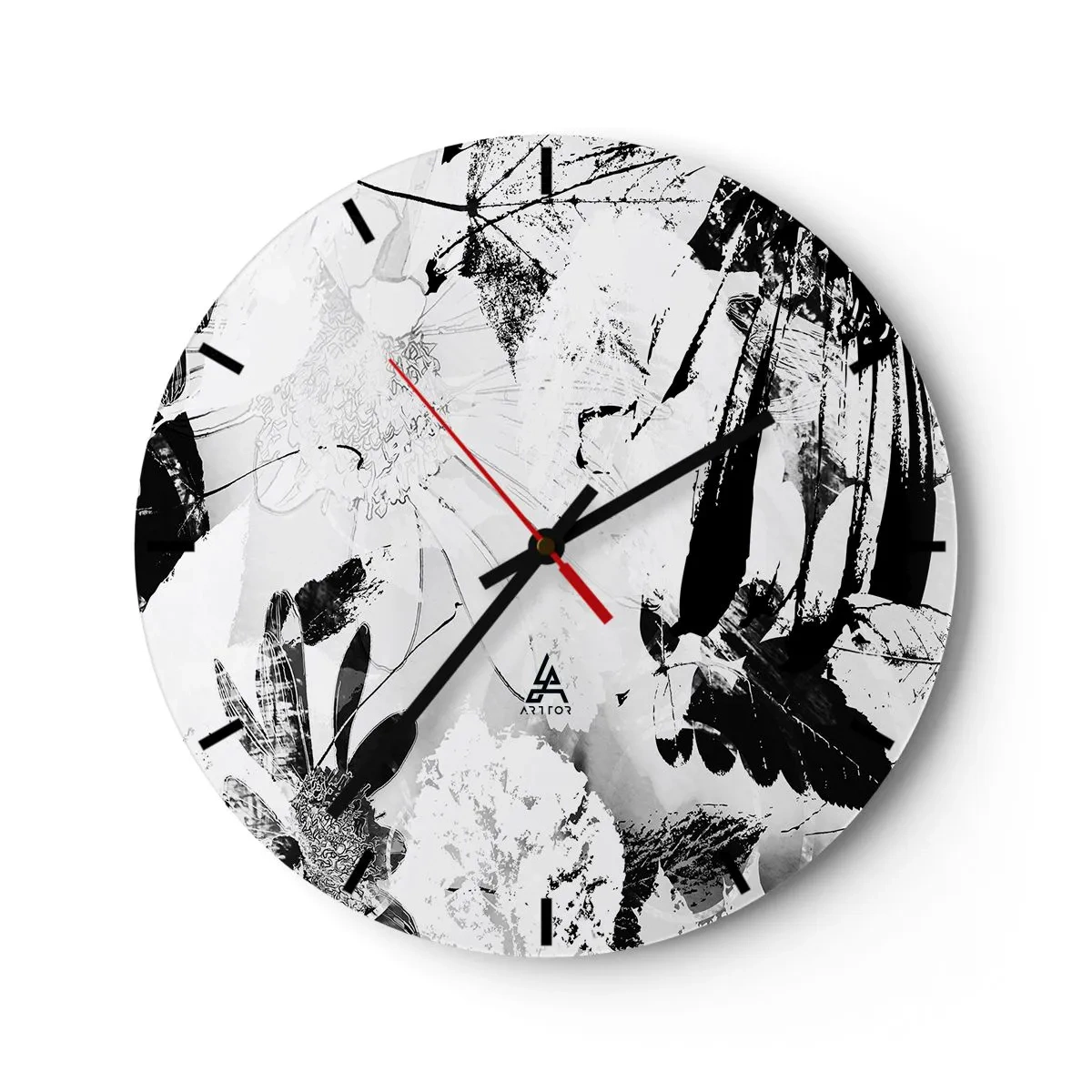 Wanduhr - Glasuhr - Schwarz-weißes Blumen- und Blattmuster im künstlerischen Stil - 30x30cm - Herbst negativ - Moderne Wanddekoration für Wohnzimmer, Küche und Schlafzimmer ARTTOR
