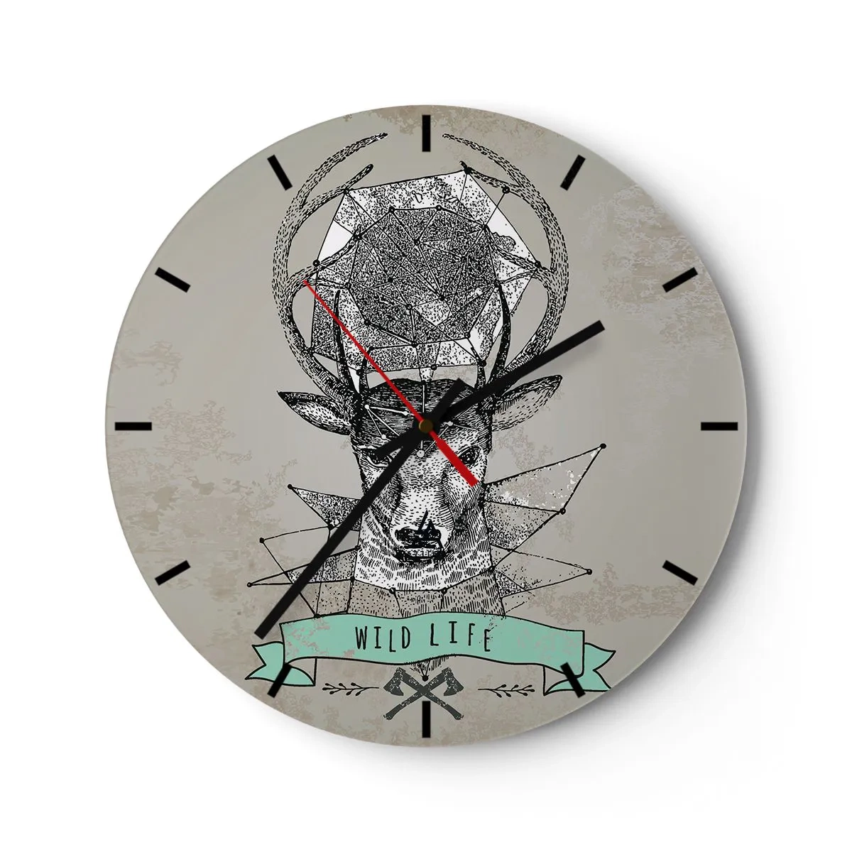 Wanduhr - Glasuhr - Geometrischer Hirsch mit der Aufschrift „Wild Life“ auf grauem Hintergrund - 30x30cm - St. sehen Hubertus - Moderne Wanddekoration für Wohnzimmer, Küche und Schlafzimmer ARTTOR
