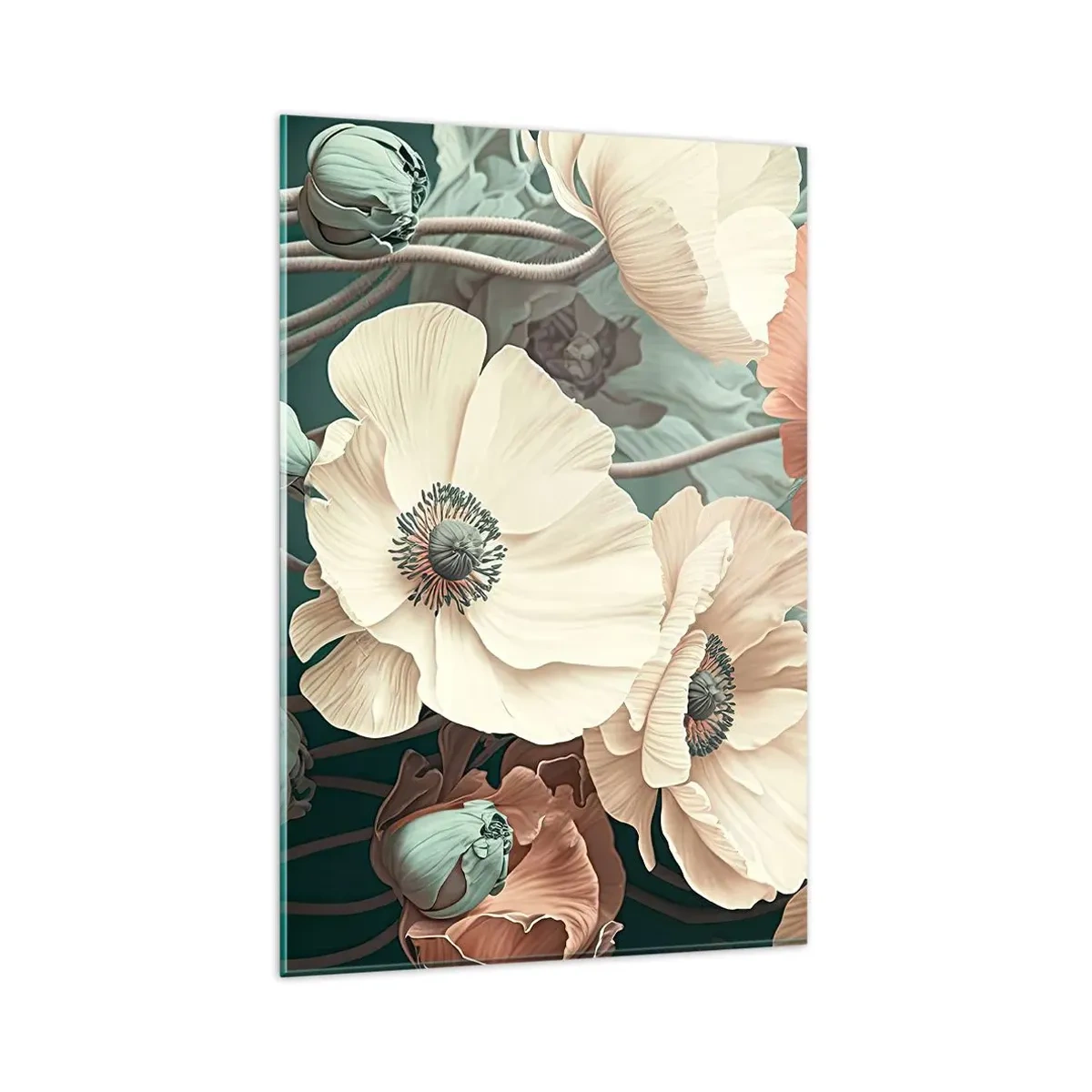 Glasbild - Bild auf glas - Elegante Blumen in Pastelltönen auf grünem Hintergrund - 80x120cm - Flüstern von Mohnblumen - Moderne Wanddekoration für Wohnzimmer und Schlafzimmer ARTTOR