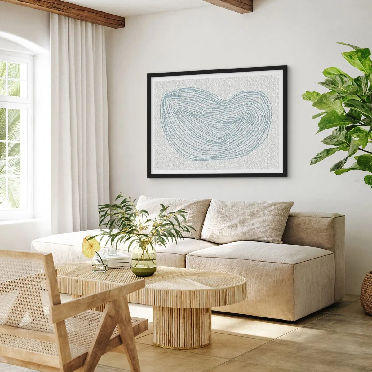Poster in einem schwarzem Rahmen - Abstraktes Wellenmotiv in zartem Blau - 70x50cm - Das Lächeln der Wassertropfen - Moderne Wanddekoration für Wohnzimmer und Schlafzimmer ARTTOR