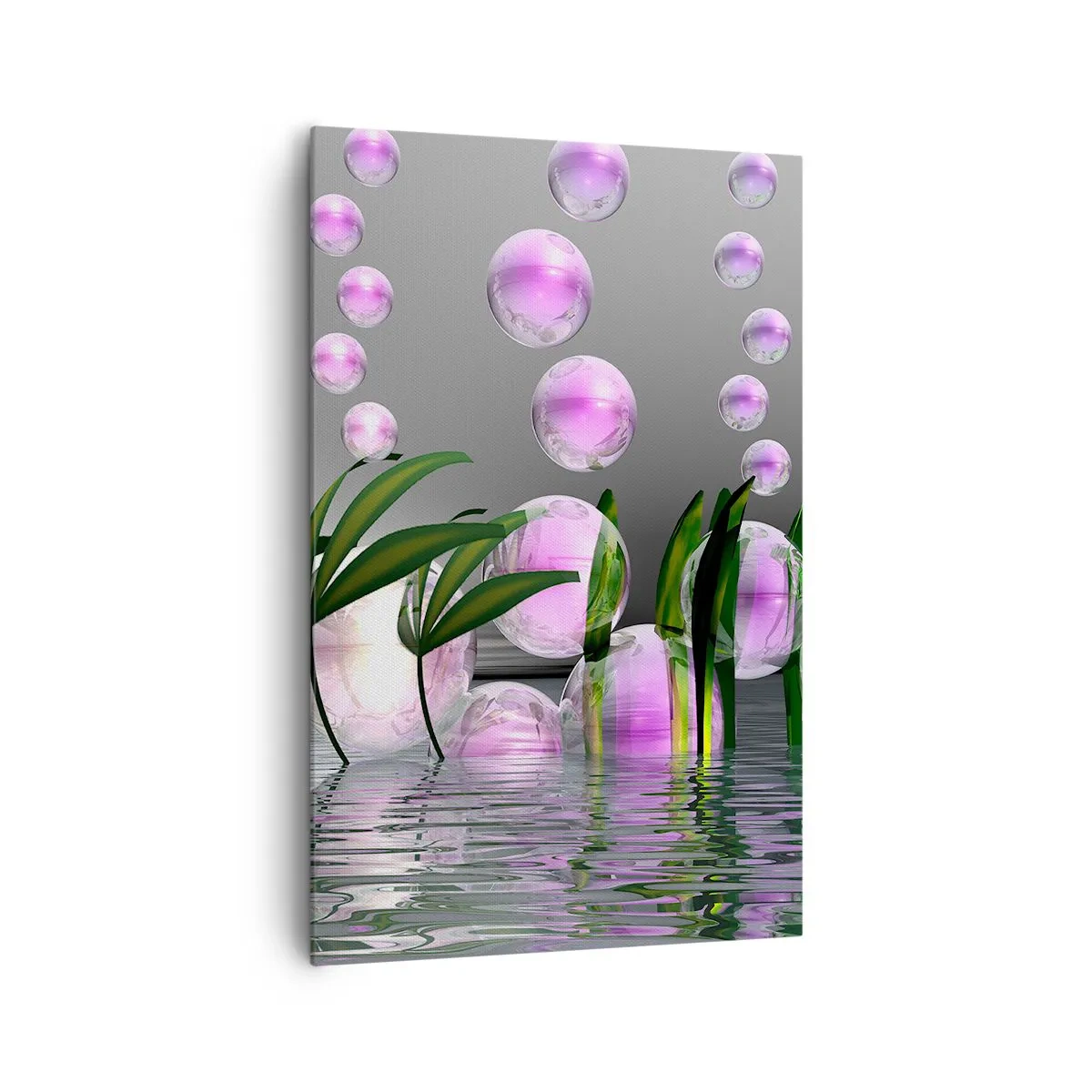 Bild auf Leinwand - Leinwandbild - Grüne Blätter und rosa Blasen über dem Wasser auf grauem Hintergrund - 80x120cm - Eine reflektierende Komposition aus Leichtigkeit und Leben - Moderne Wanddekoration für Wohnzimmer und Schlafzimmer ARTTOR