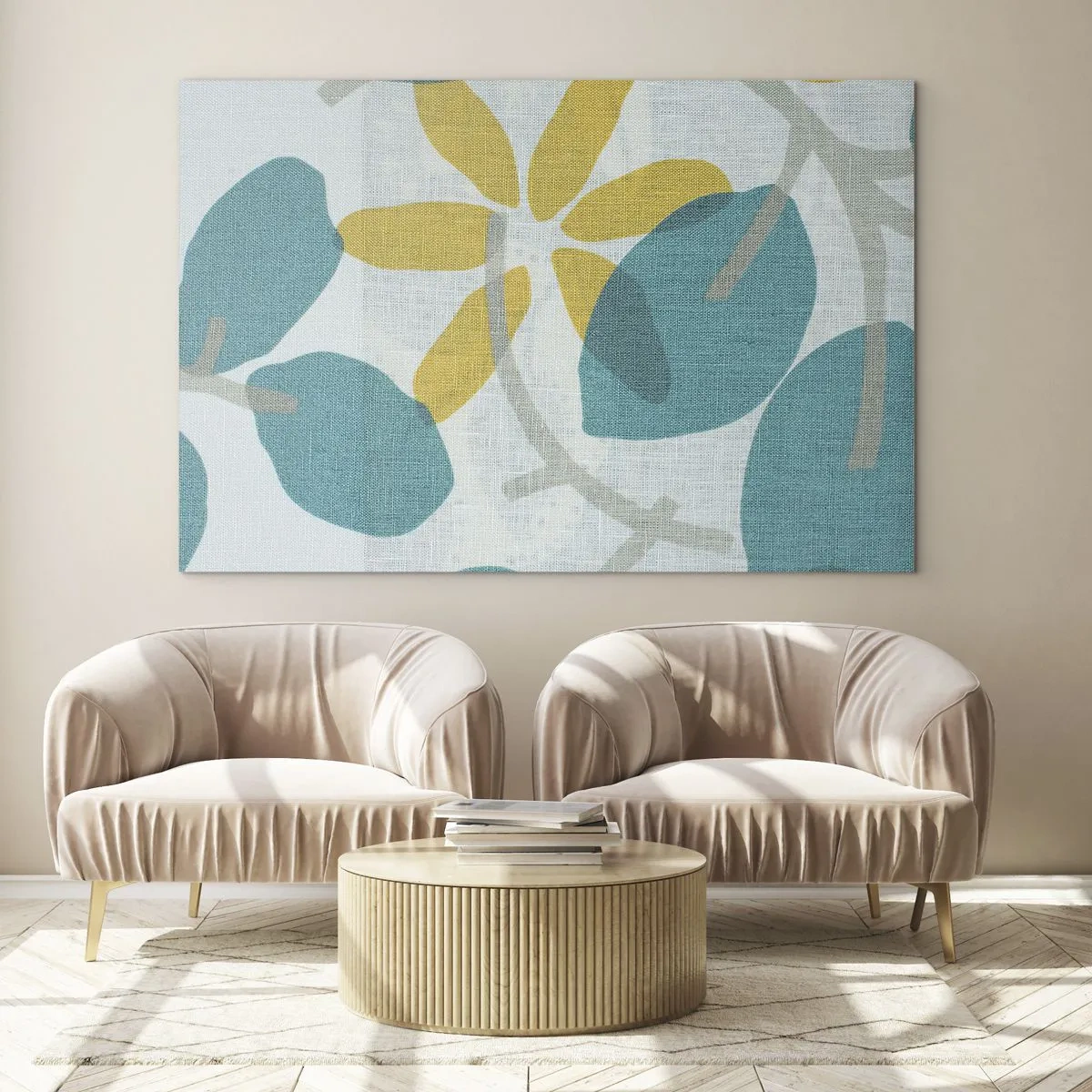Glasbild - Bild auf glas - Eine Pflanzengrafik mit azurblauen Blättern und gelben Blüten - 120x80cm - Unter den azurblauen Blättern - Moderne Wanddekoration für Wohnzimmer und Schlafzimmer ARTTOR