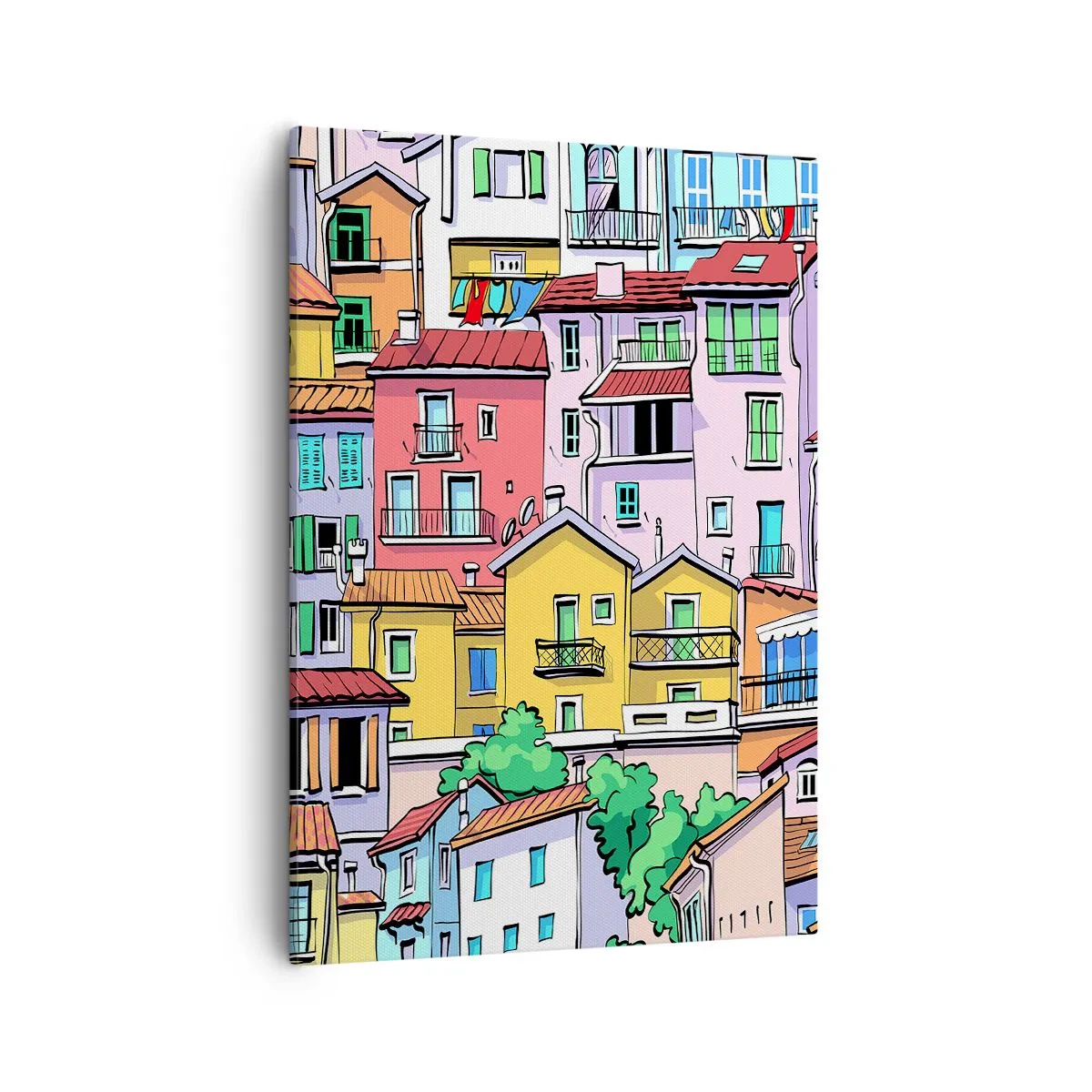 Bild auf Leinwand - Leinwandbild - Bunte Mietshäuser im lebendigen, fröhlichen Stil - 50x70cm - Lustige Stadt - Moderne Wanddekoration für Wohnzimmer und Schlafzimmer ARTTOR