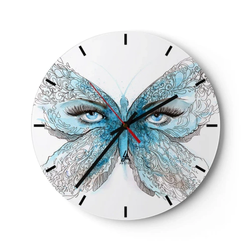 Wanduhr - Glasuhr - Blauer Schmetterling mit Augendetail und zartem künstlerischem Muster - 30x30cm - Eros Blaumeise - Moderne Wanddekoration für Wohnzimmer, Küche und Schlafzimmer ARTTOR