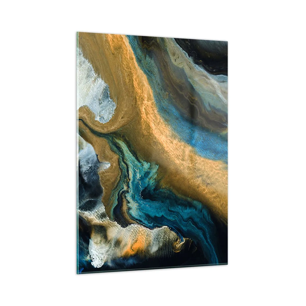 Glasbild - Bild auf glas - Abstrakte Komposition in Blau- und Goldtönen - 50x70cm - Blau - Gelb - gegenseitige Beeinflussung - Moderne Wanddekoration für Wohnzimmer und Schlafzimmer ARTTOR