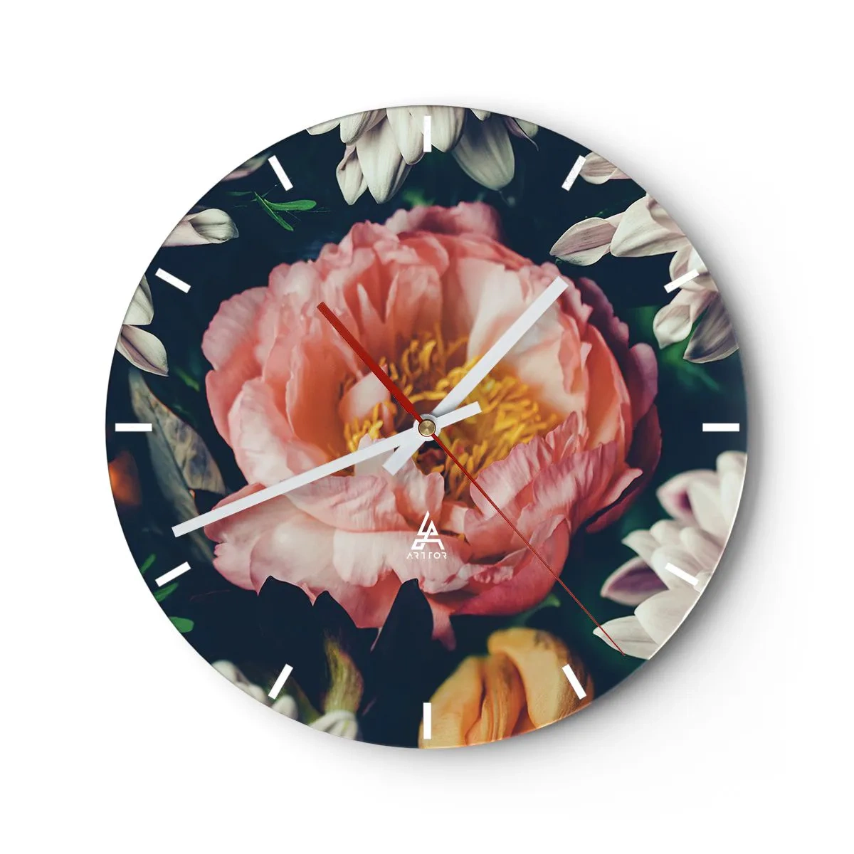 Wanduhr - Glasuhr - Nahaufnahme einer rosa Pfingstrose, umgeben von anderen Blumen - 30x30cm - Mit barocker Pracht - Moderne Wanddekoration für Wohnzimmer, Küche und Schlafzimmer ARTTOR