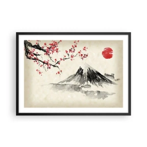 Poster in einem schwarzem Rahmen - Eine malerische Landschaft mit einem Berg, Kirschblüten und Sonnenschein - 70x50cm - Liebe Japan - Moderne Wanddekoration für Wohnzimmer und Schlafzimmer ARTTOR
