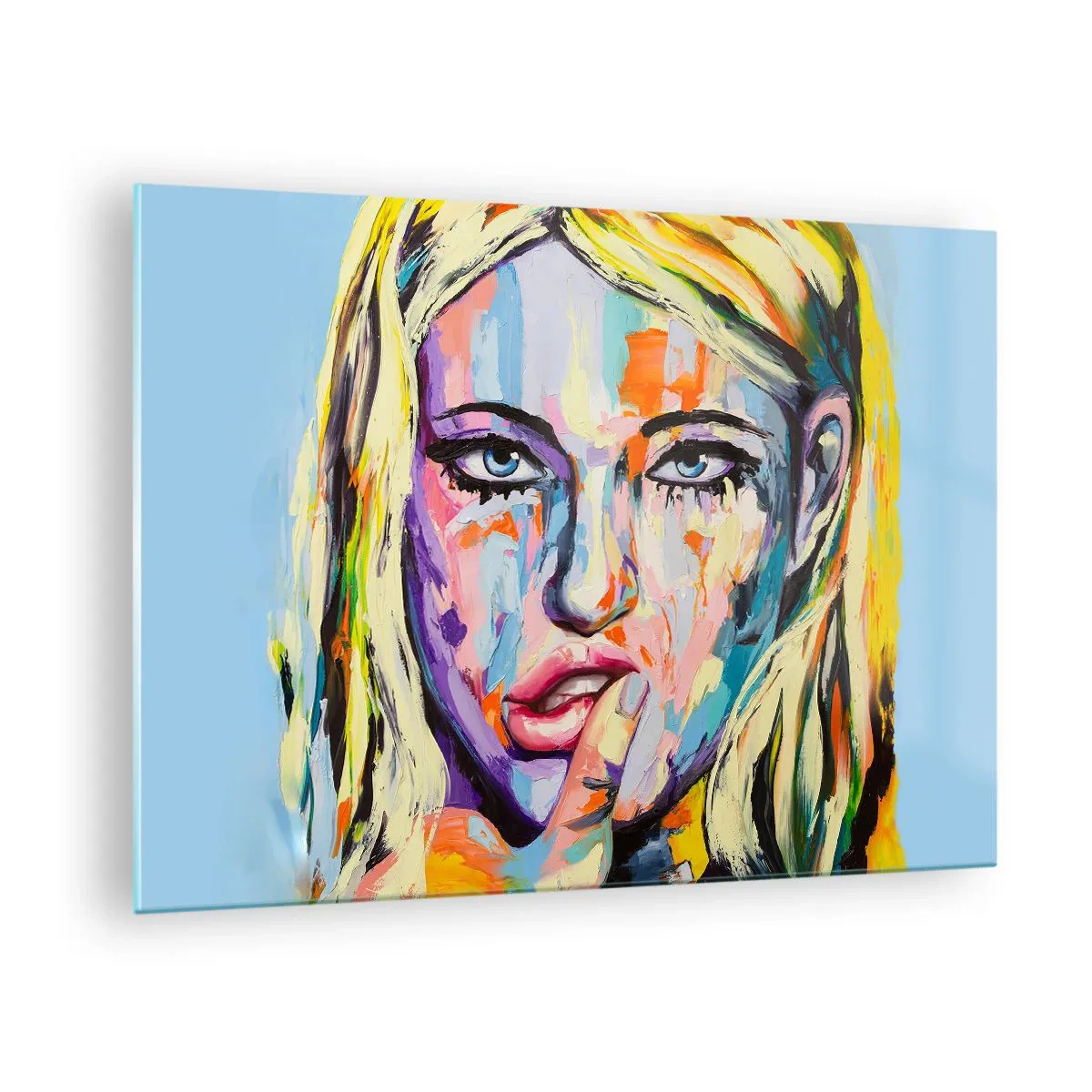 Glasbild - Bild auf glas - Ein farbenfrohes Porträt einer Frau mit nachdenklichem Ausdruck - 70x50cm - Schau ihr direkt in die Augen - Moderne Wanddekoration für Wohnzimmer und Schlafzimmer ARTTOR