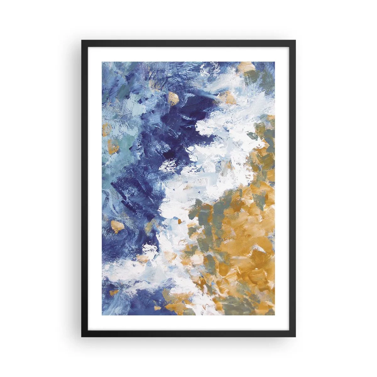 Poster in einem schwarzem Rahmen - Eine abstrakte Komposition in Blau-, Weiß- und Goldtönen. - 50x70cm - Tanz der Naturelemente - Moderne Wanddekoration für Wohnzimmer und Schlafzimmer ARTTOR