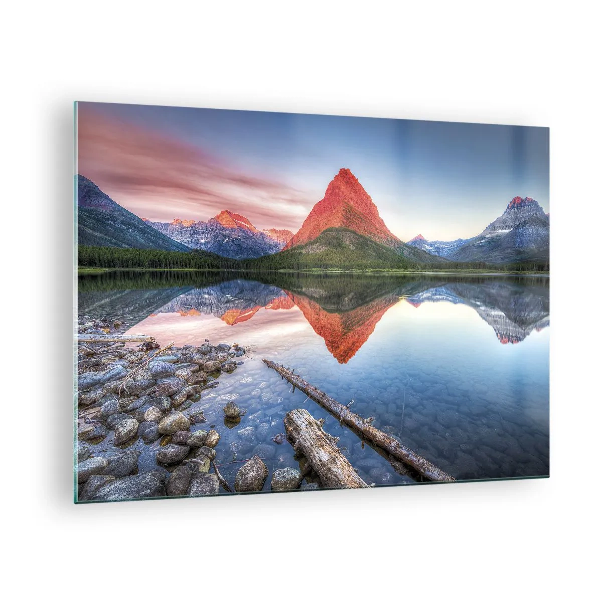 Glasbild - Bild auf glas - Ein Berggipfel spiegelt sich in einem ruhigen See - 70x50cm - Hitze und Kälte - Moderne Wanddekoration für Wohnzimmer und Schlafzimmer ARTTOR