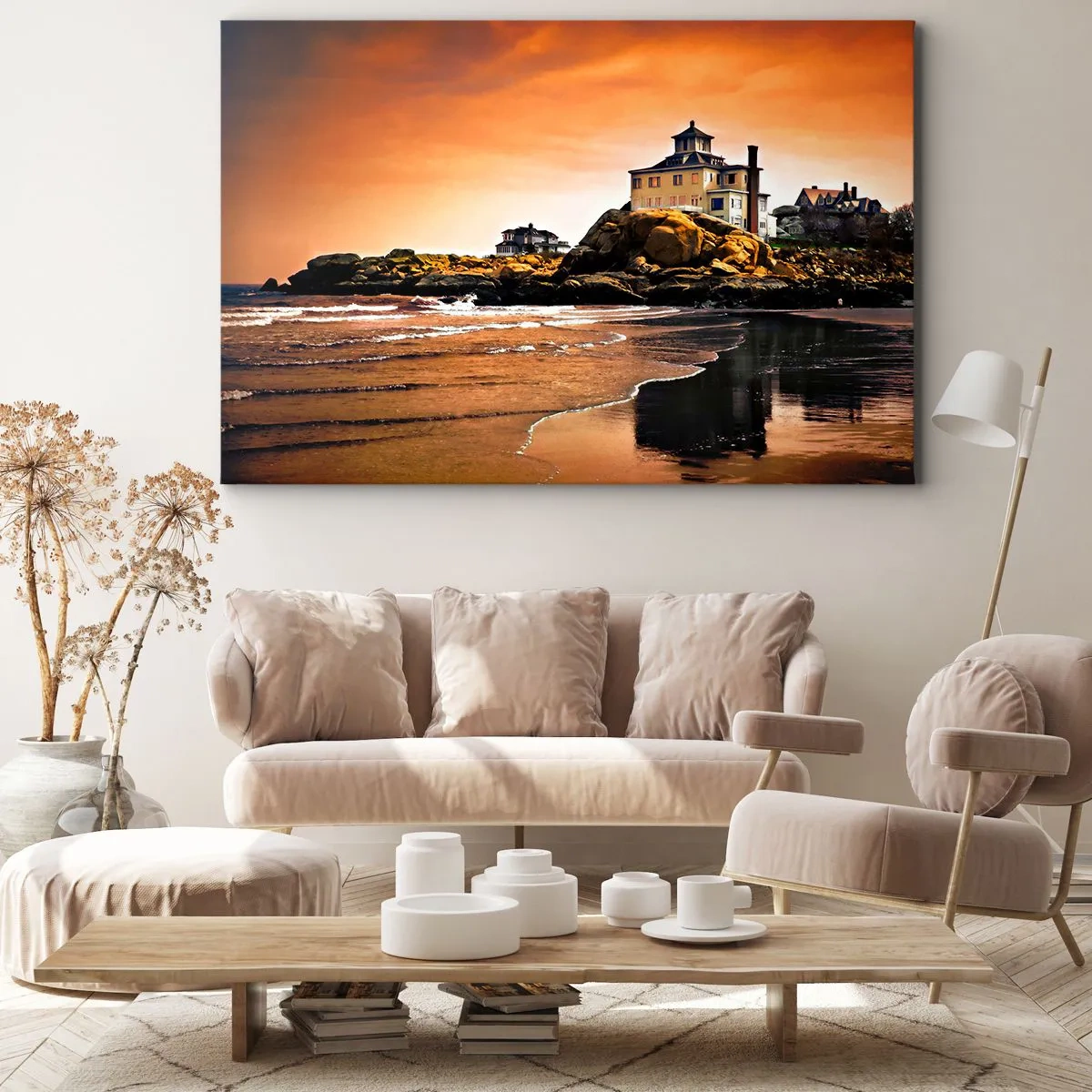 Bild auf Leinwand - Leinwandbild - Ein Haus auf einem Felsen am Strand bei Sonnenuntergang mit seiner Spiegelung im Wasser - 70x50cm - Eleganz der Westküste - Moderne Wanddekoration für Wohnzimmer und Schlafzimmer ARTTOR
