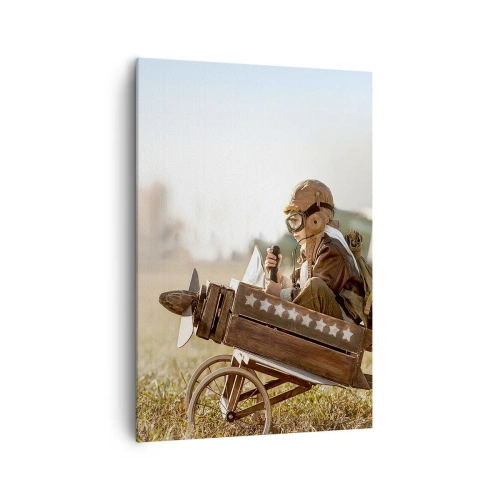 Bild auf Leinwand - Leinwandbild - Ein Kind in einem Spielzeugflugzeug mit einem Feld im Hintergrund - 70x100cm - Start in Richtung eines Traums - Moderne Wanddekoration für Wohnzimmer und Schlafzimmer ARTTOR