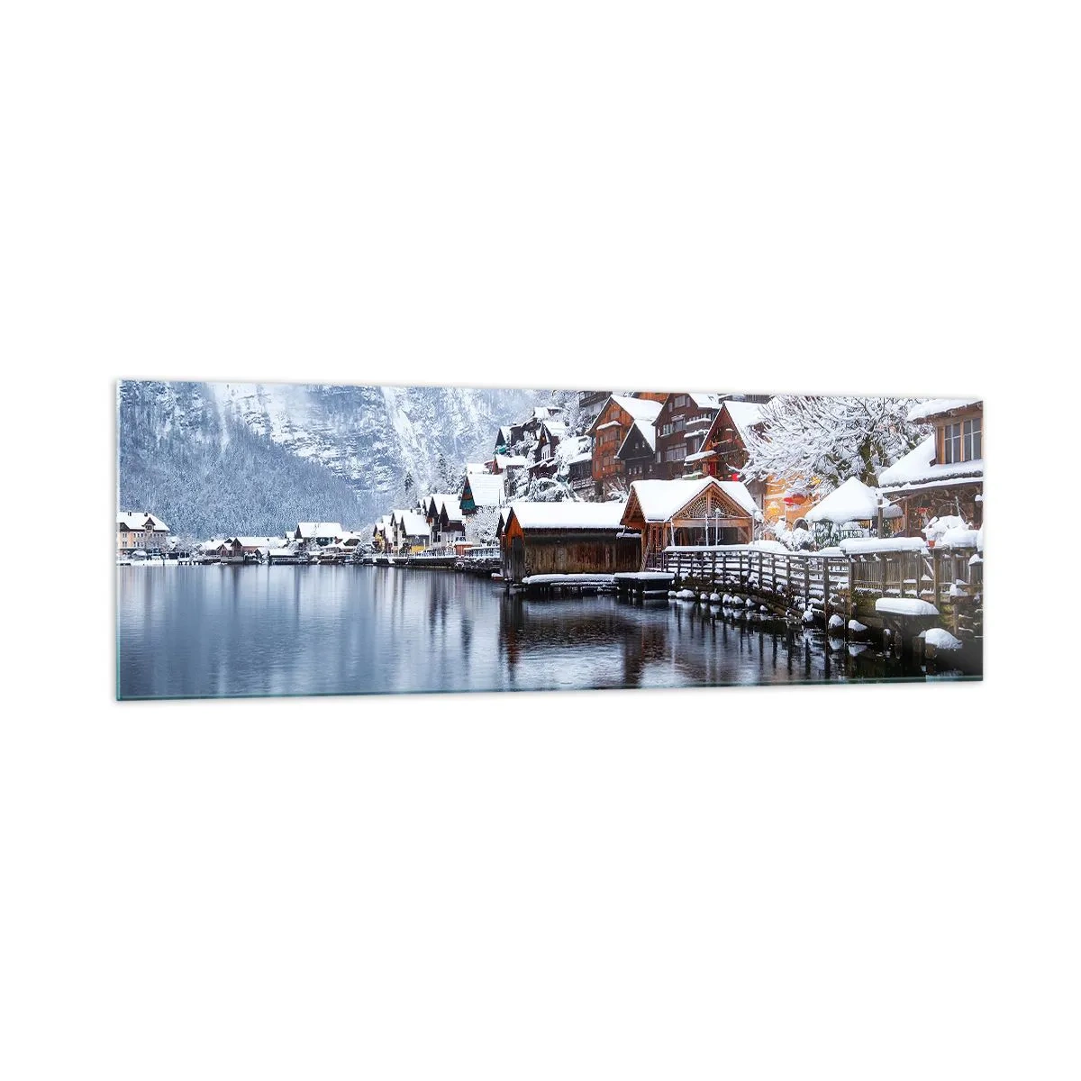 Glasbild - Bild auf glas - Winteransicht eines Bergdorfes am See - 160x50cm - In winterlicher Dekoration - Moderne Wanddekoration für Wohnzimmer und Schlafzimmer ARTTOR