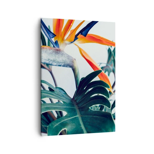 Bild auf Leinwand - Leinwandbild - Strelitzia-Blüte, umgeben von Blättern in hellem Licht - 50x70cm - Vogelbusch - Moderne Wanddekoration für Wohnzimmer und Schlafzimmer ARTTOR