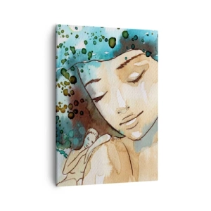 Bild auf Leinwand - Leinwandbild - Porträt einer Frau in zarten Aquarellfarben - 50x70cm - Dame in Blau - Moderne Wanddekoration für Wohnzimmer und Schlafzimmer ARTTOR
