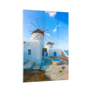Glasbild - Bild auf glas - Windmühlen an der Ägäisküste - 50x70cm - Der blaue Wind vom Meer - Moderne Wanddekoration für Wohnzimmer und Schlafzimmer ARTTOR