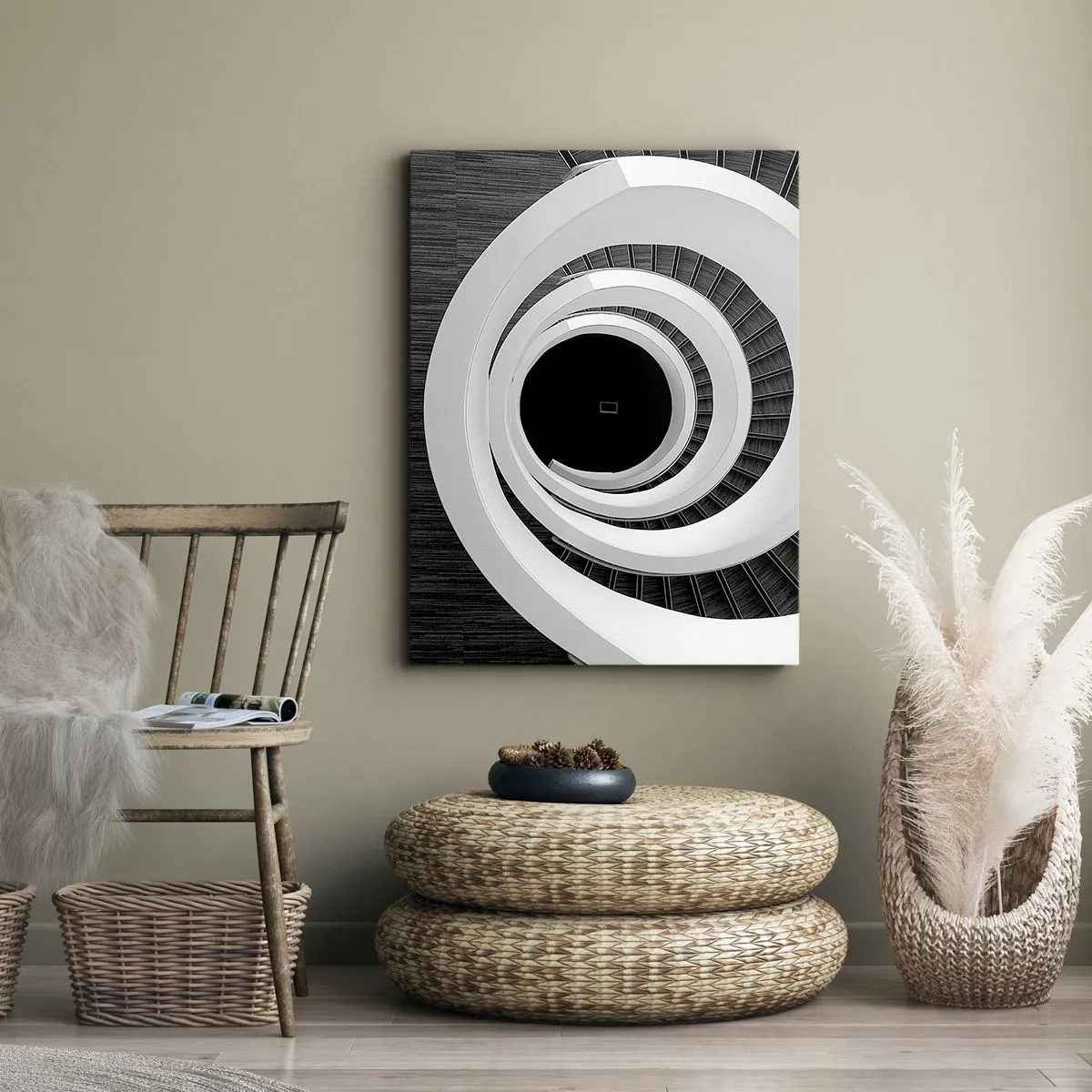 Bild auf Leinwand - Leinwandbild - Schwarz-weiße Wendeltreppe im modernen Stil - 50x70cm - Zum Kern der Sache - Moderne Wanddekoration für Wohnzimmer und Schlafzimmer ARTTOR