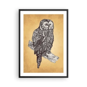 Poster in einem schwarzem Rahmen - Eine stilisierte Eule in ornamentalem Muster auf beigem Hintergrund. - 50x70cm - Kunstvolle Ornamente der Weisheit - Moderne Wanddekoration für Wohnzimmer und Schlafzimmer ARTTOR