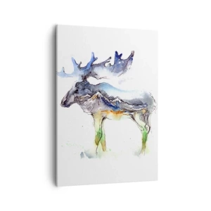 Bild auf Leinwand - Leinwandbild - Aquarell-Silhouette eines Elches mit Berglandschaft - 50x70cm - Der Held eines Wintermärchens - Moderne Wanddekoration für Wohnzimmer und Schlafzimmer ARTTOR