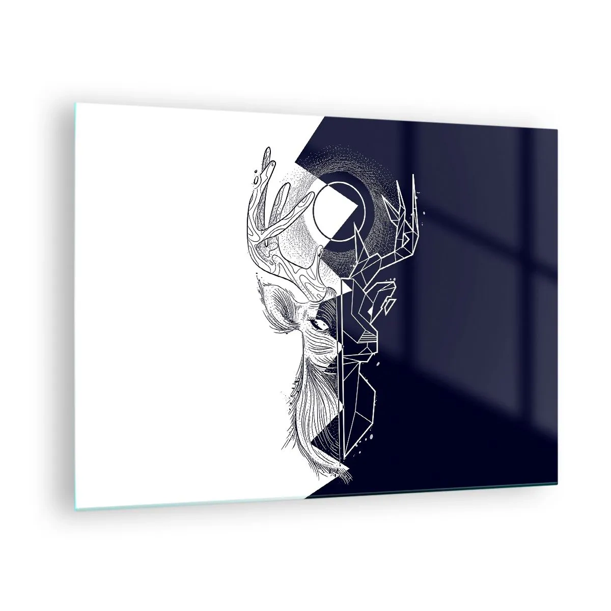 Glasbild - Bild auf glas - Geometrische Zeichnung eines Hirsches auf schwarz-weißem Hintergrund - 70x50cm - Der Kampf und die Einheit der Gegensätze - Moderne Wanddekoration für Wohnzimmer und Schlafzimmer ARTTOR