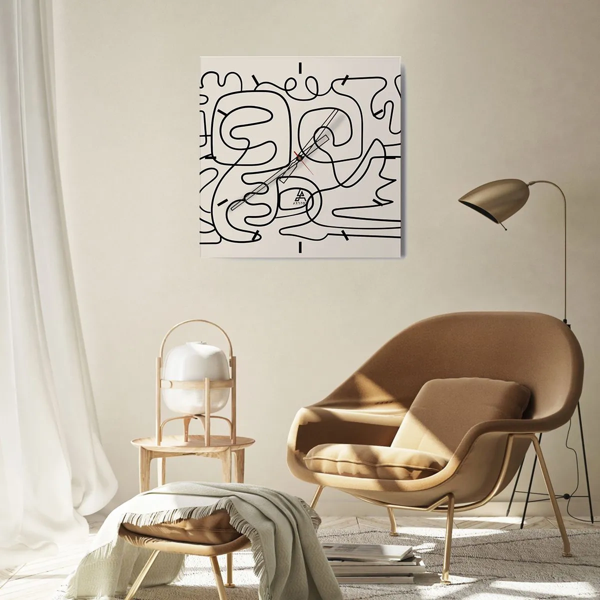 Wanduhr - Glasuhr - Abstraktes Linienkunstmuster in Schwarz auf hellem Hintergrund - 30x30cm - Folge der Spur - Moderne Wanddekoration für Wohnzimmer und Schlafzimmer ARTTOR