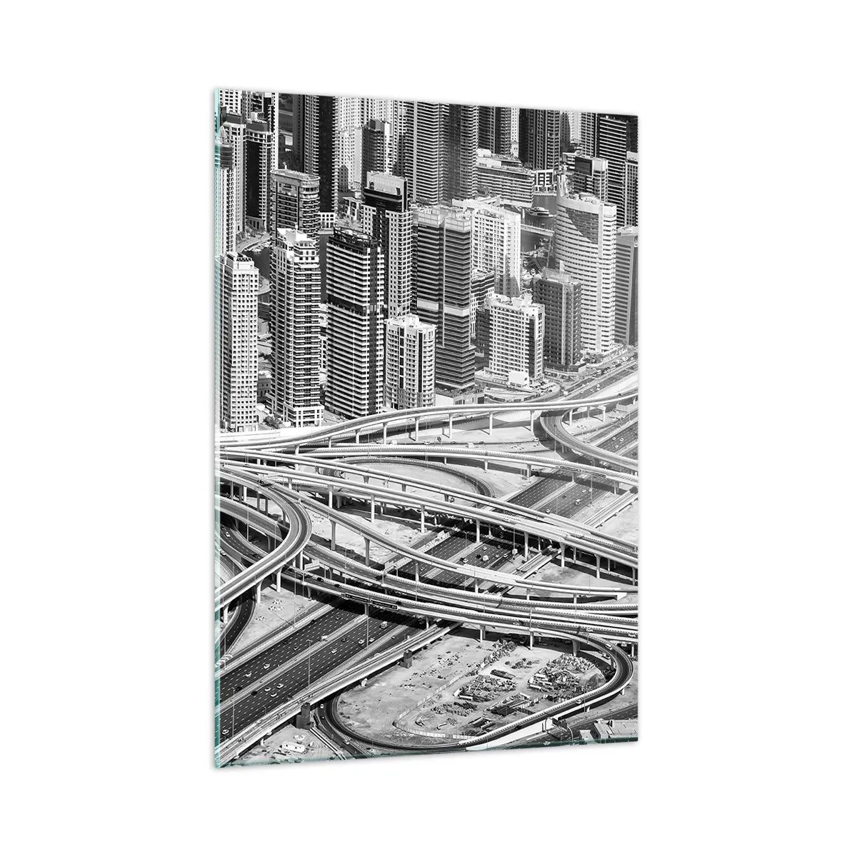 Glasbild - Bild auf glas - Schwarz-Weiß-Panorama der Stadt mit Autobahnkreuz - 50x70cm - Dubai - die unmögliche Stadt - Moderne Wanddekoration für Wohnzimmer und Schlafzimmer ARTTOR