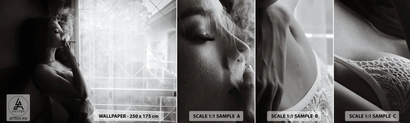 Fototapeten Muster Selbstklebend Deluxe Sticker - Sinnlicher Moment - Frau, Zigarette, Schlafzimmer - 100x30 cm