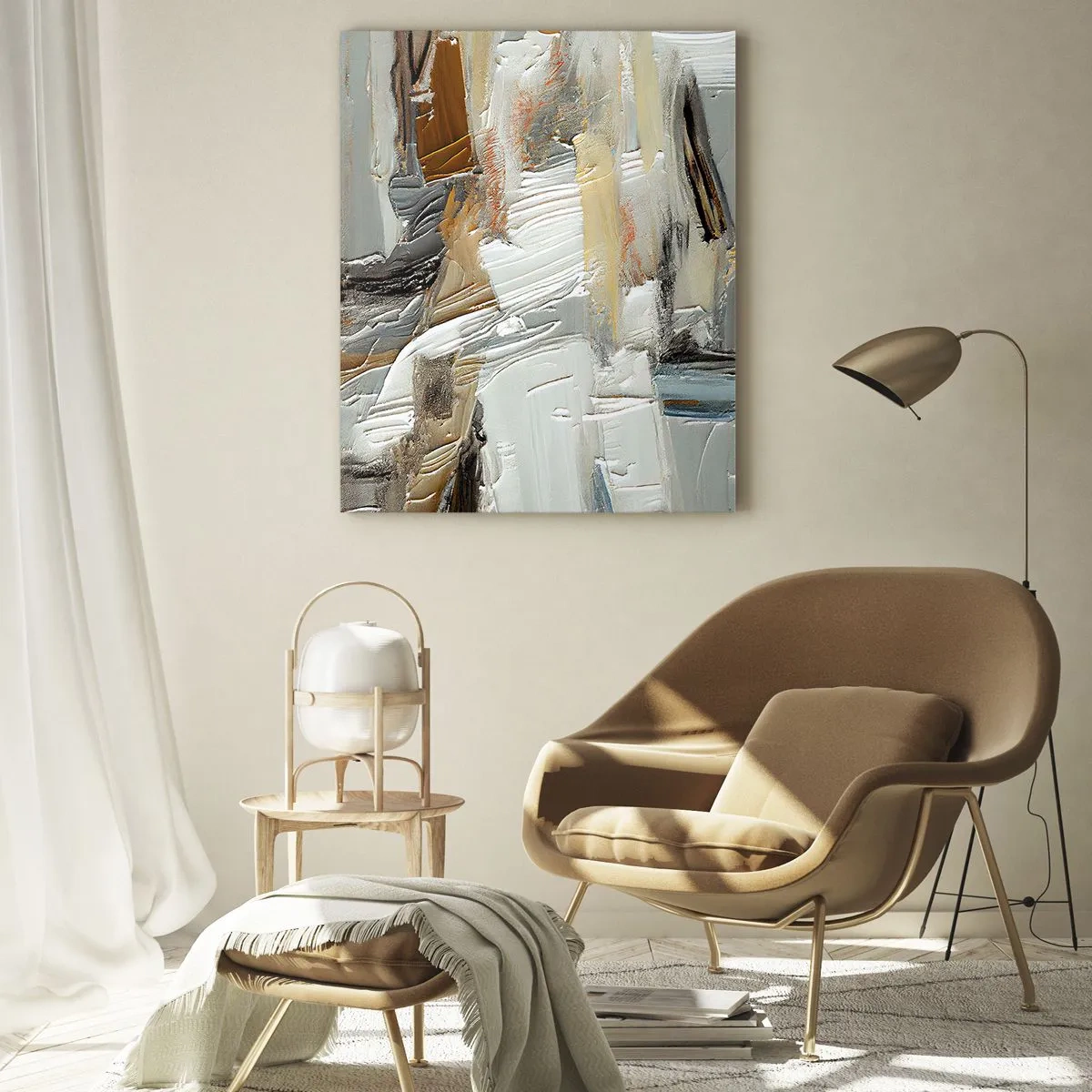 Glasbild - Bild auf glas - Texturale Abstraktion in Erdtönen und Weiß - 80x120cm - Bunte Schichten - Moderne Wanddekoration für Wohnzimmer und Schlafzimmer ARTTOR