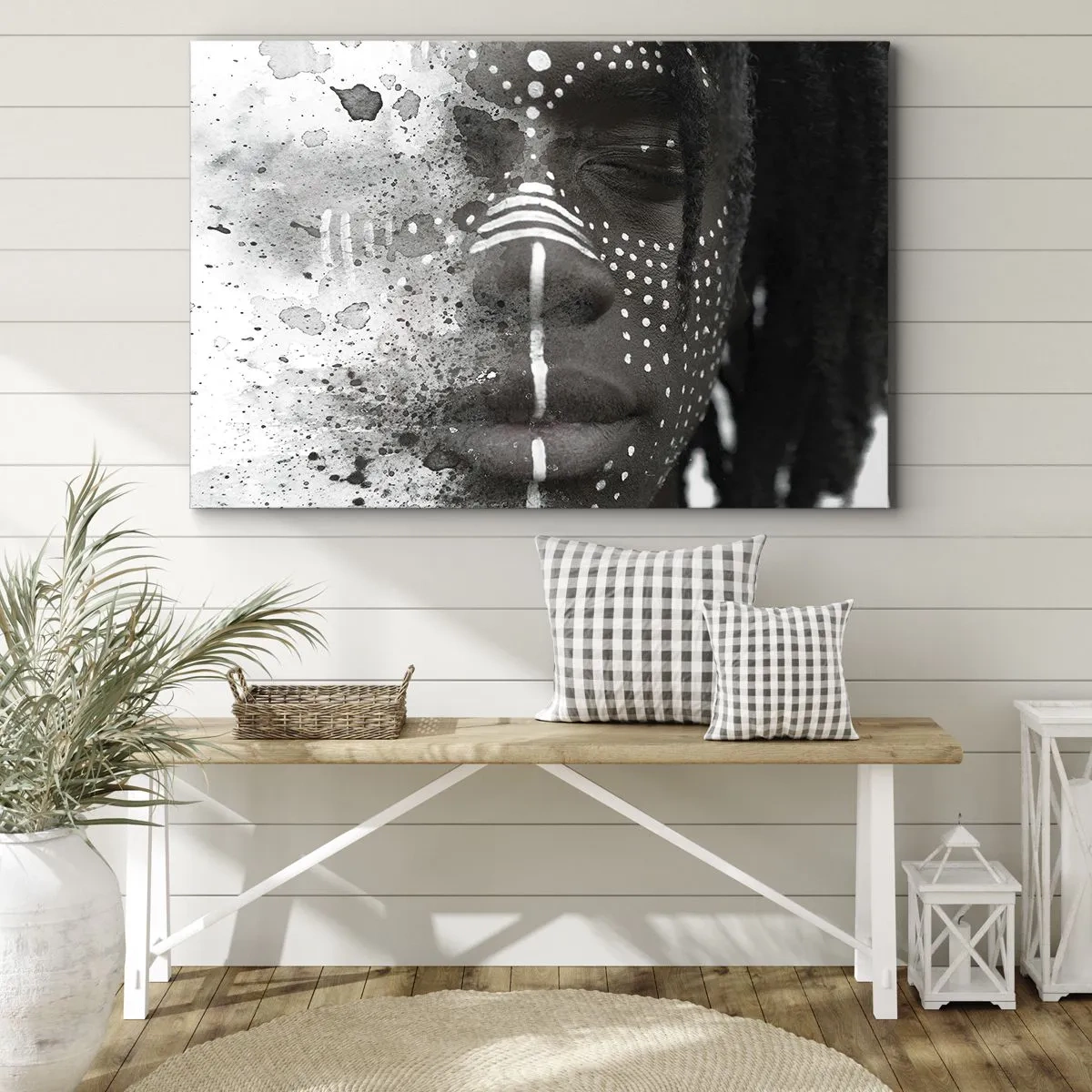 Bild auf Leinwand - Leinwandbild - Künstlerisches Gesichtsporträt mit abstrakten weißen Mustern - 70x50cm - Entdecke den Urgeist - Moderne Wanddekoration für Wohnzimmer und Schlafzimmer ARTTOR